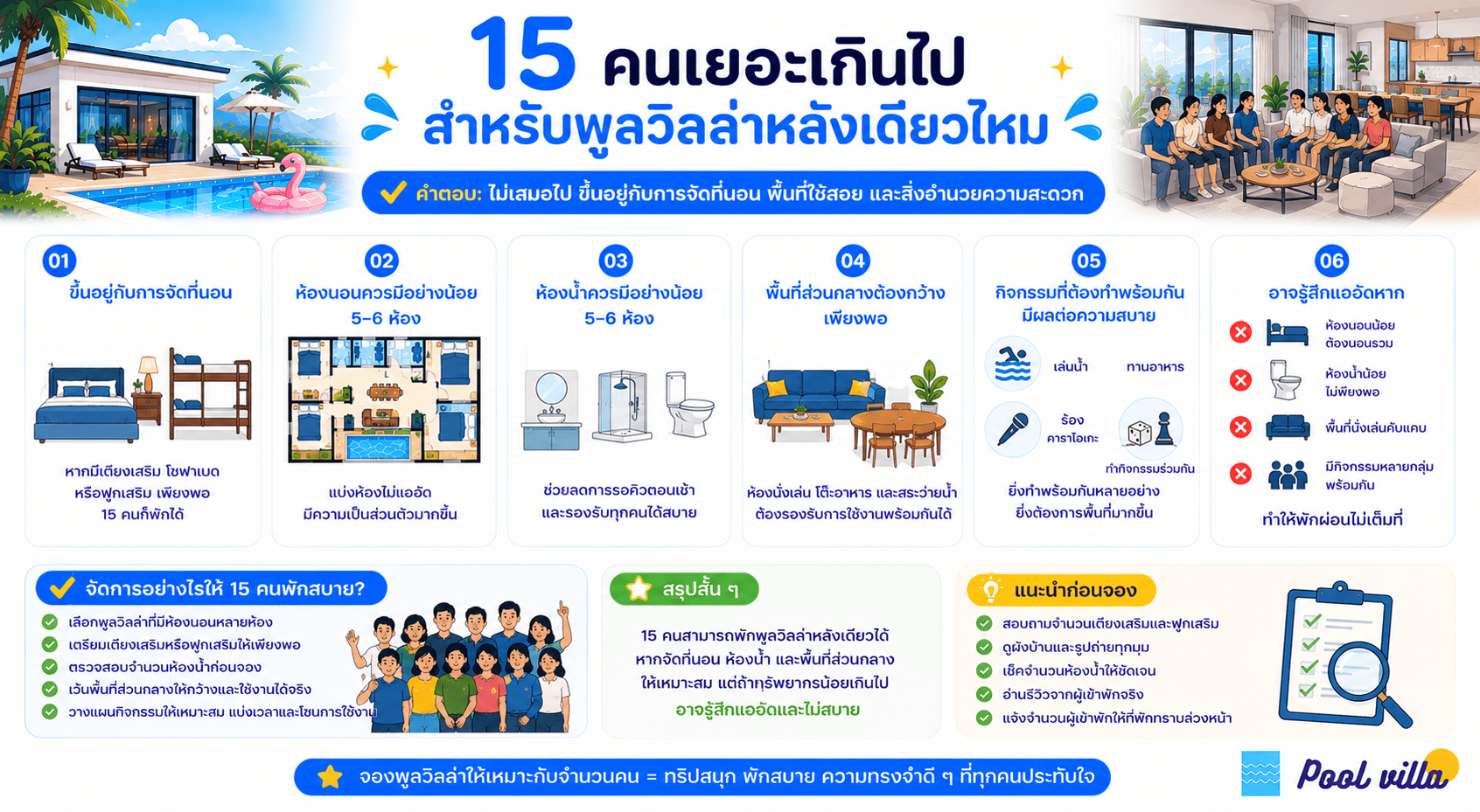 15 คนเยอะเกินไปสำหรับพูลวิลล่าหลังเดียวไหม เช็กก่อนจอง