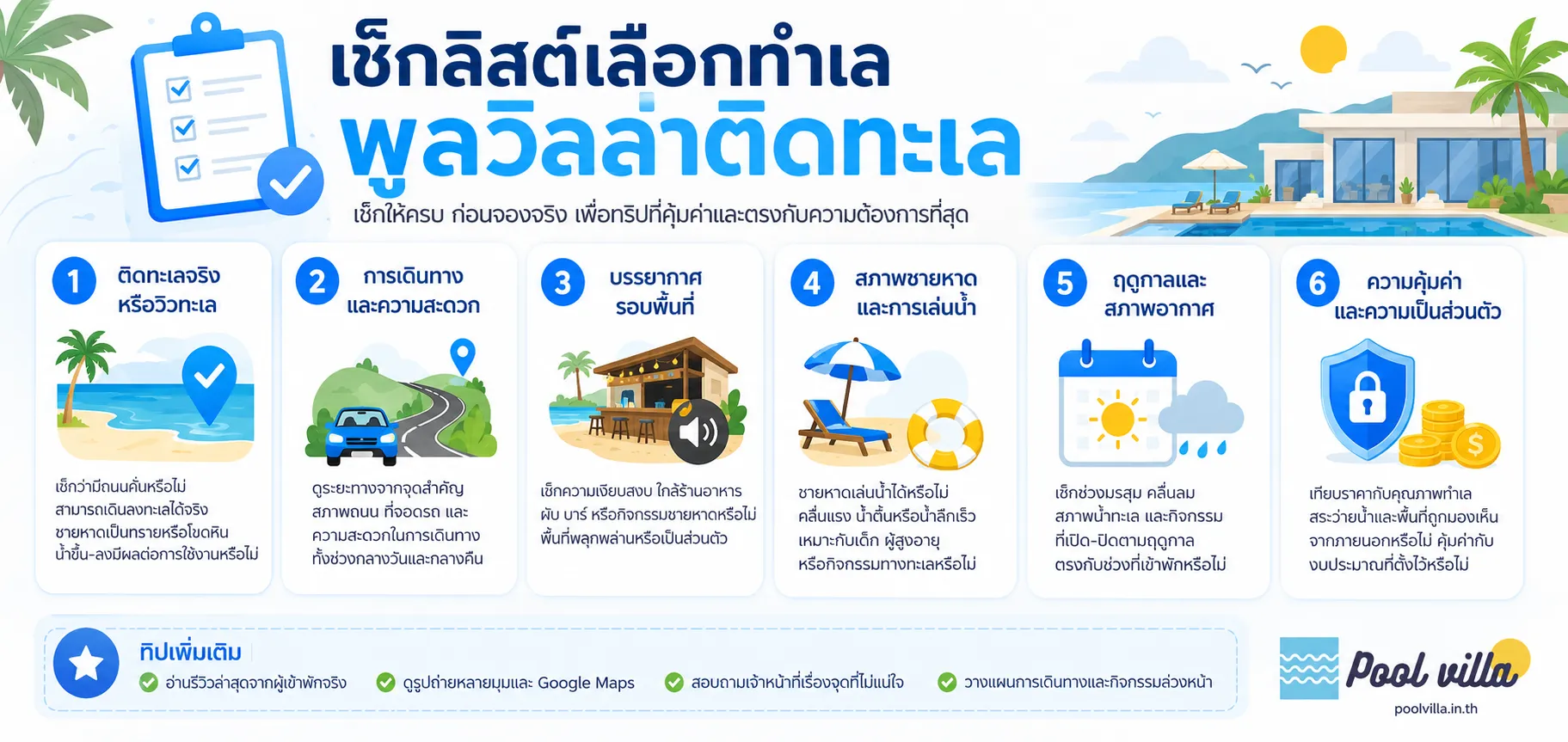 รายการตรวจสอบทำเลพูลวิลล่าติดทะเล แบบมืออาชีพ เช็กก่อนจอง