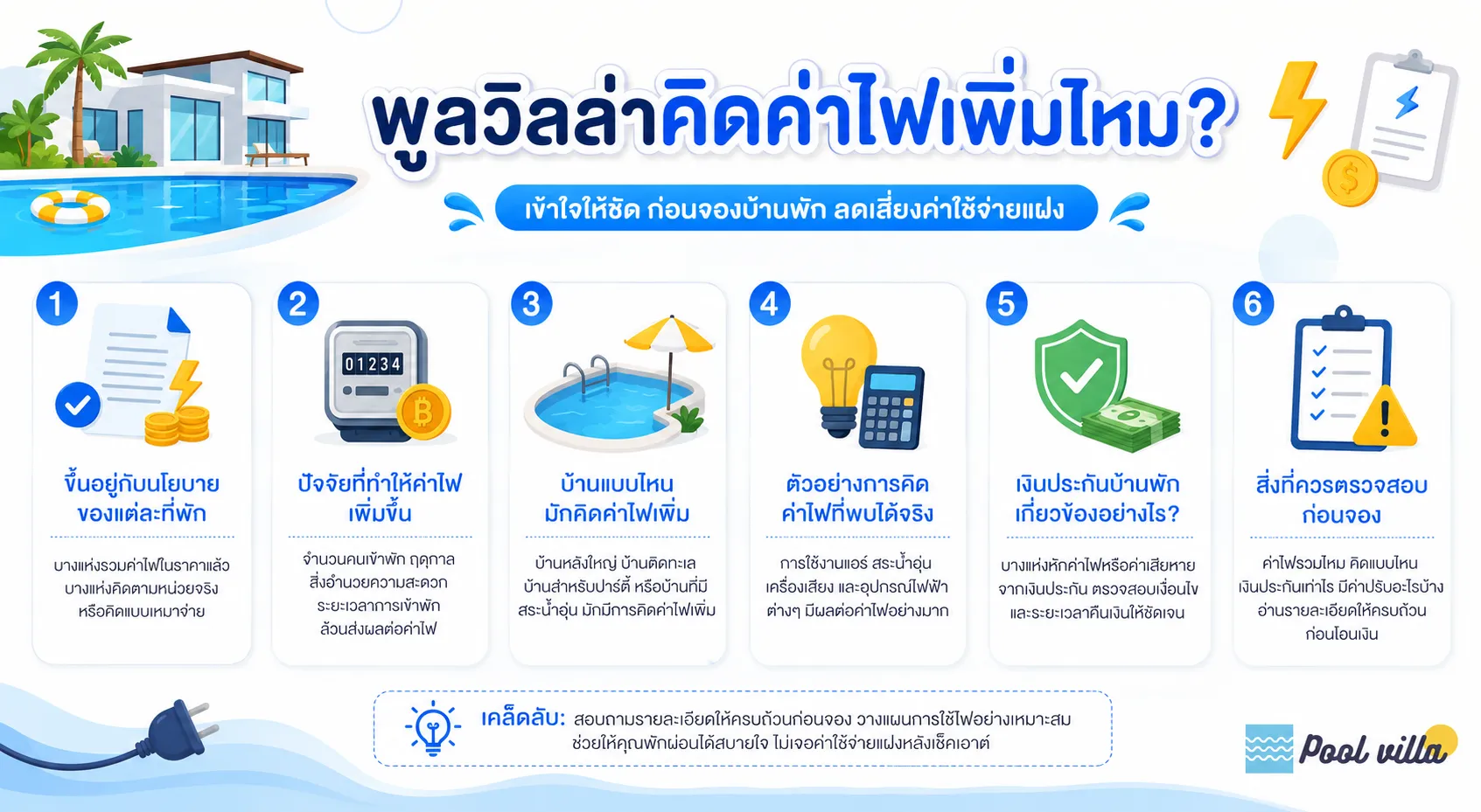 พูลวิลล่าคิดค่าไฟอย่างไร? เช็กให้ชัดก่อนจอง ลดค่าใช้จ่ายแฝง