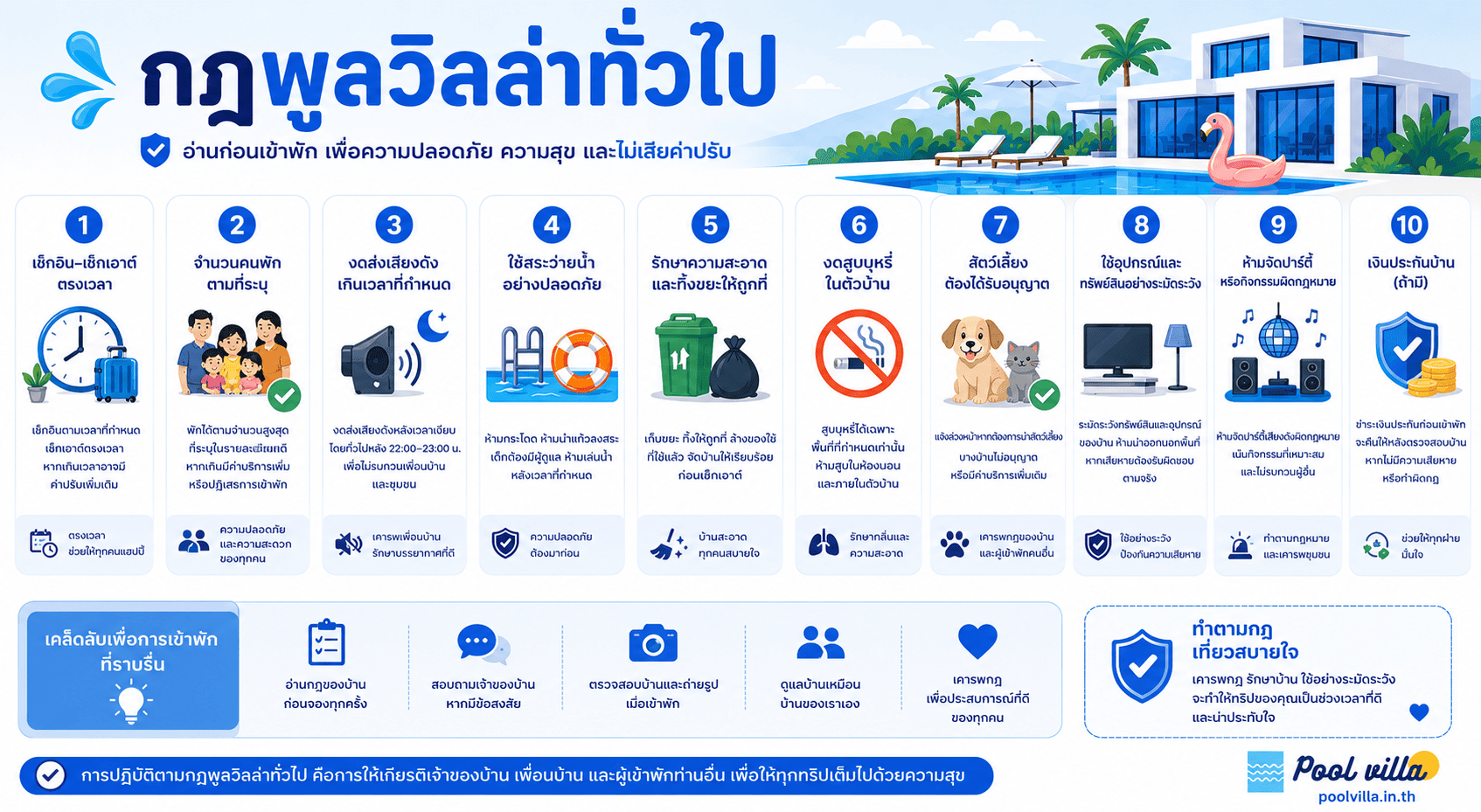 กฎพูลวิลล่าทั่วไปที่ผู้เข้าพักควรรู้ก่อนเช็กอินเข้าบ้านพัก