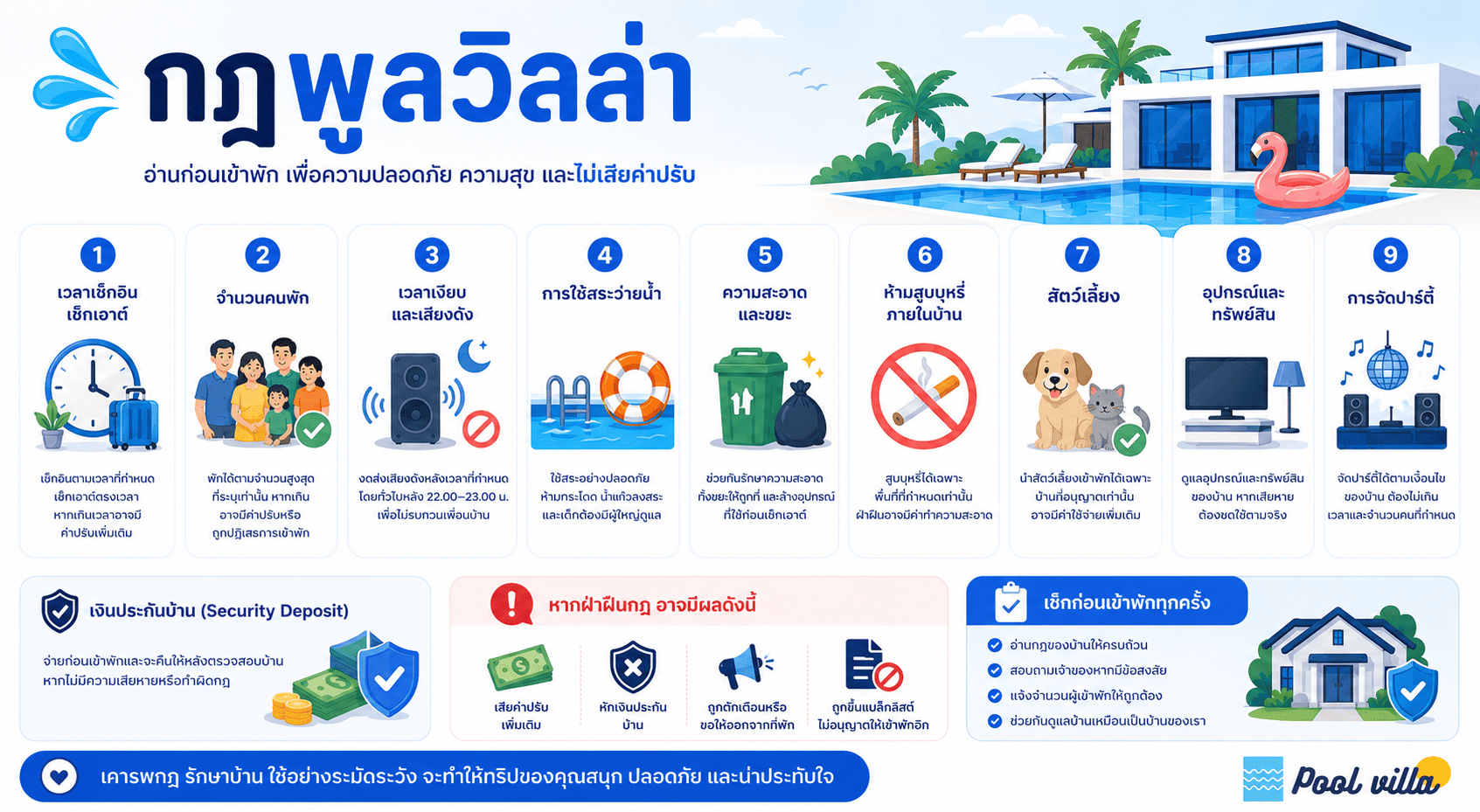 กฎพูลวิลล่าที่ควรรู้ก่อนเข้าพัก เพื่อไม่เสียค่าปรับ