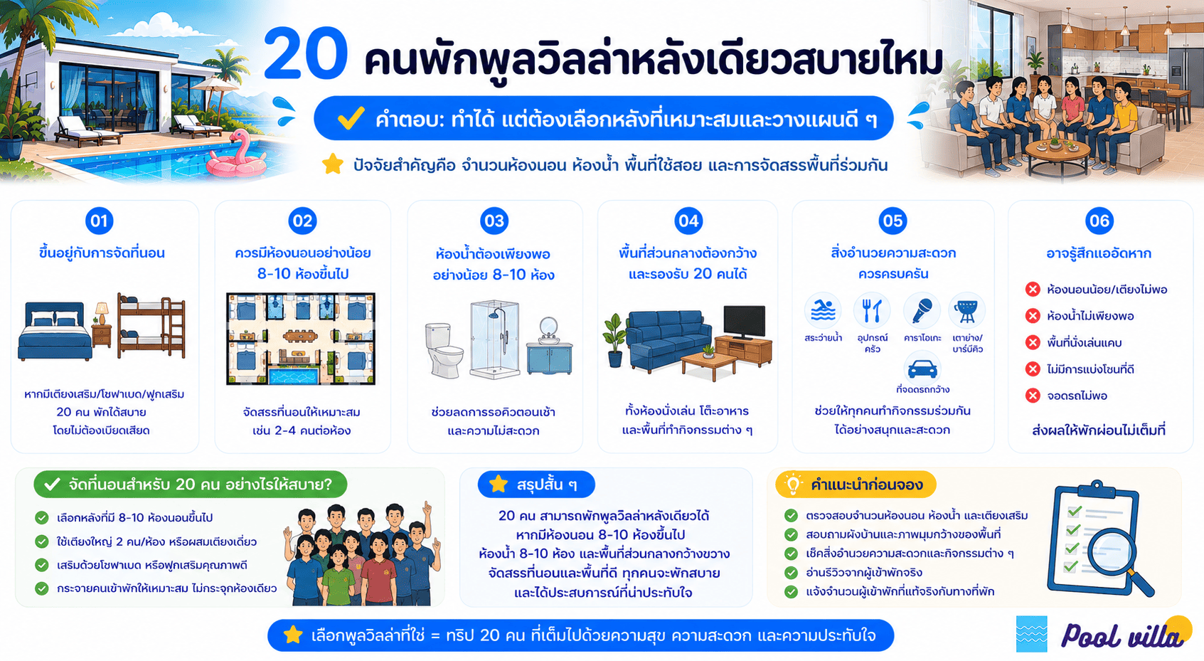 การเข้าพักพูลวิลล่าสำหรับ 20 คน สบายไหมและต้องเช็กอะไรบ้าง