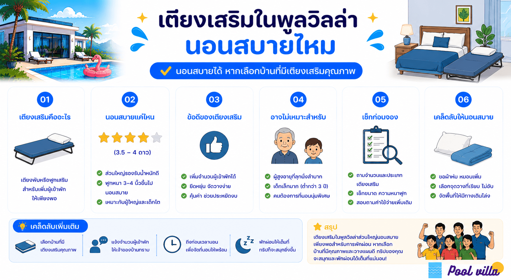 ความสบายของเตียงเสริมในพูลวิลล่า นอนจริงสบายไหม