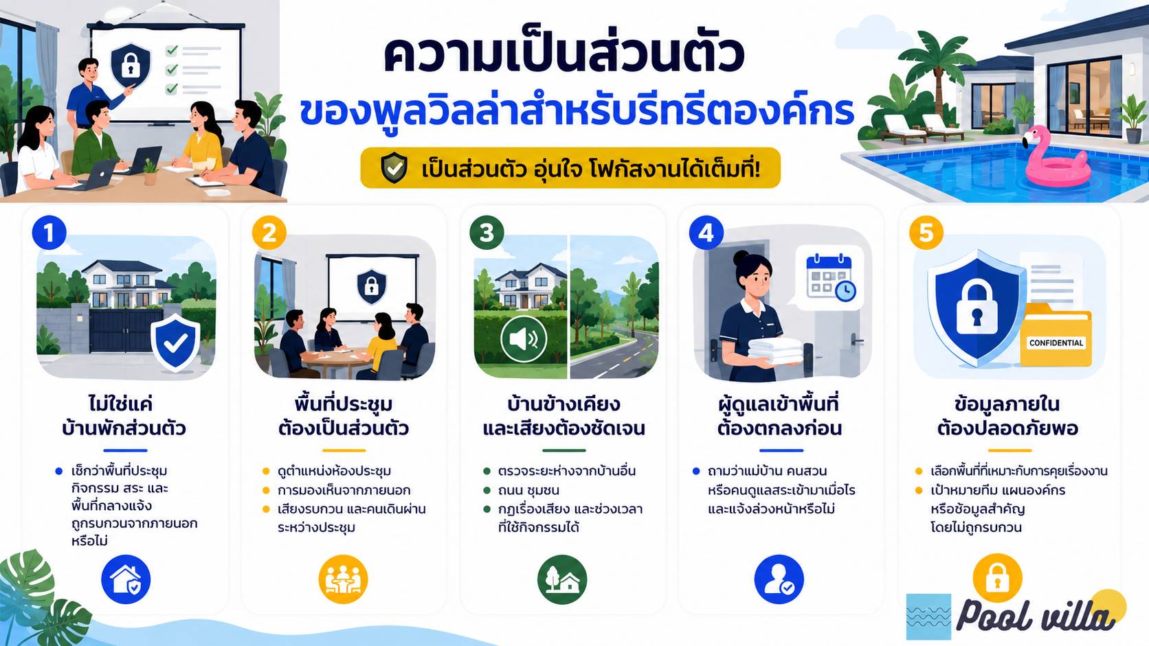 ความเป็นส่วนตัวของพูลวิลล่าสำหรับรีทรีตองค์กร / ความเป็นส่วนตัวของพูลวิลล่าสำหรับทริปองค์กร