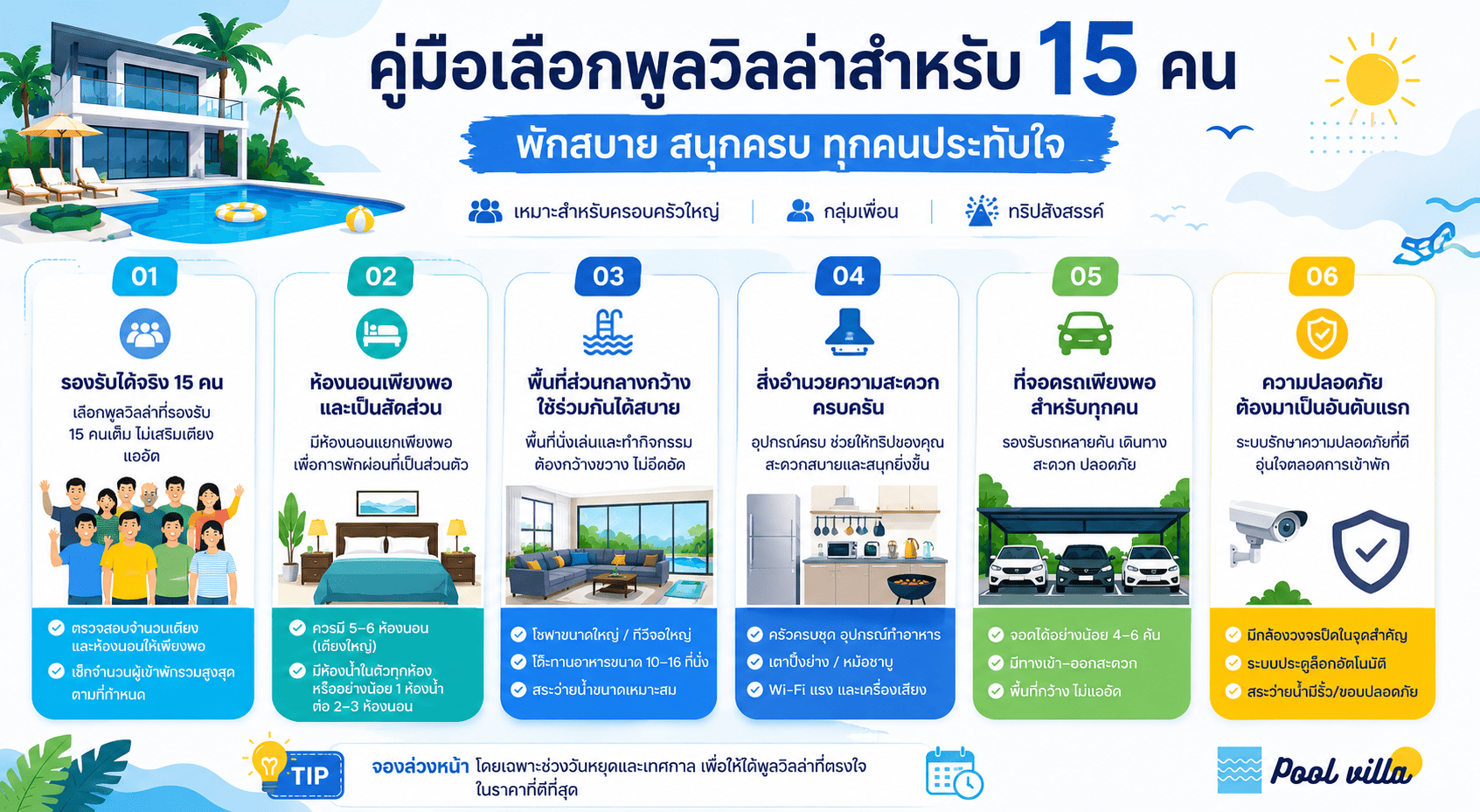 พูลวิลล่า 15 คน เคล็ดลับเลือกบ้านพักให้คุ้มและนอนสบาย