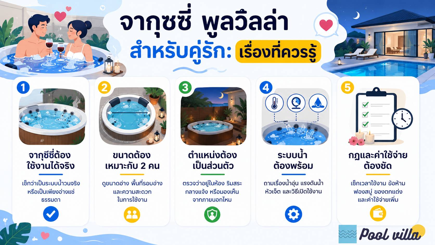 จากุซซี่ พูลวิลล่าสำหรับคู่รัก เรื่องที่ควรรู้ / พูลวิลล่าจากุซซี่สำหรับคู่รัก