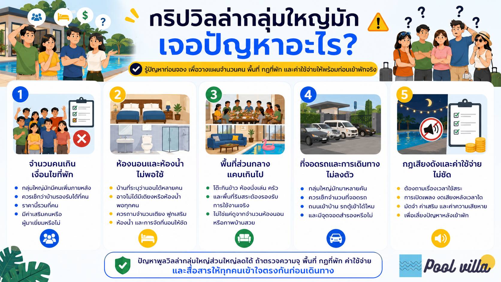 ทริปวิลล่ากลุ่มใหญ่มักเจอปัญหาอะไร / ปัญหาการเข้าพักวิลล่าสำหรับกลุ่มใหญ่ที่ควรรู้ก่อนจอง