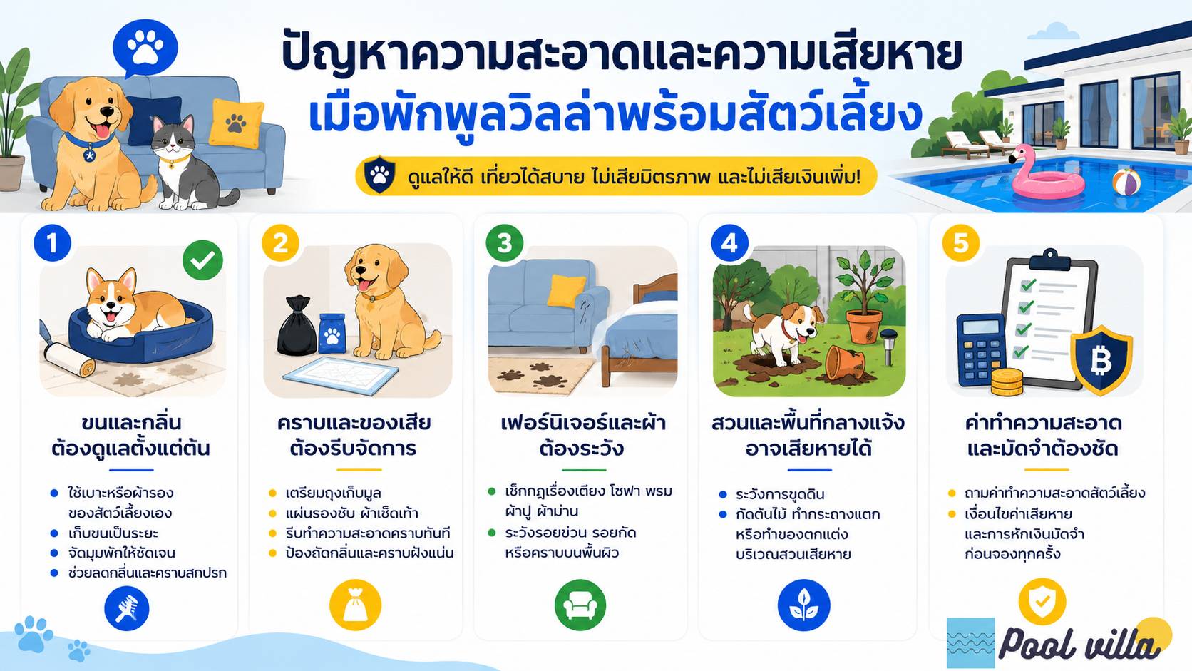 ปัญหาความสะอาดและความเสียหายเมื่อพักพูลวิลล่าพร้อมสัตว์เลี้ยง / ความสะอาดพูลวิลล่าสำหรับสัตว์เลี้ยง