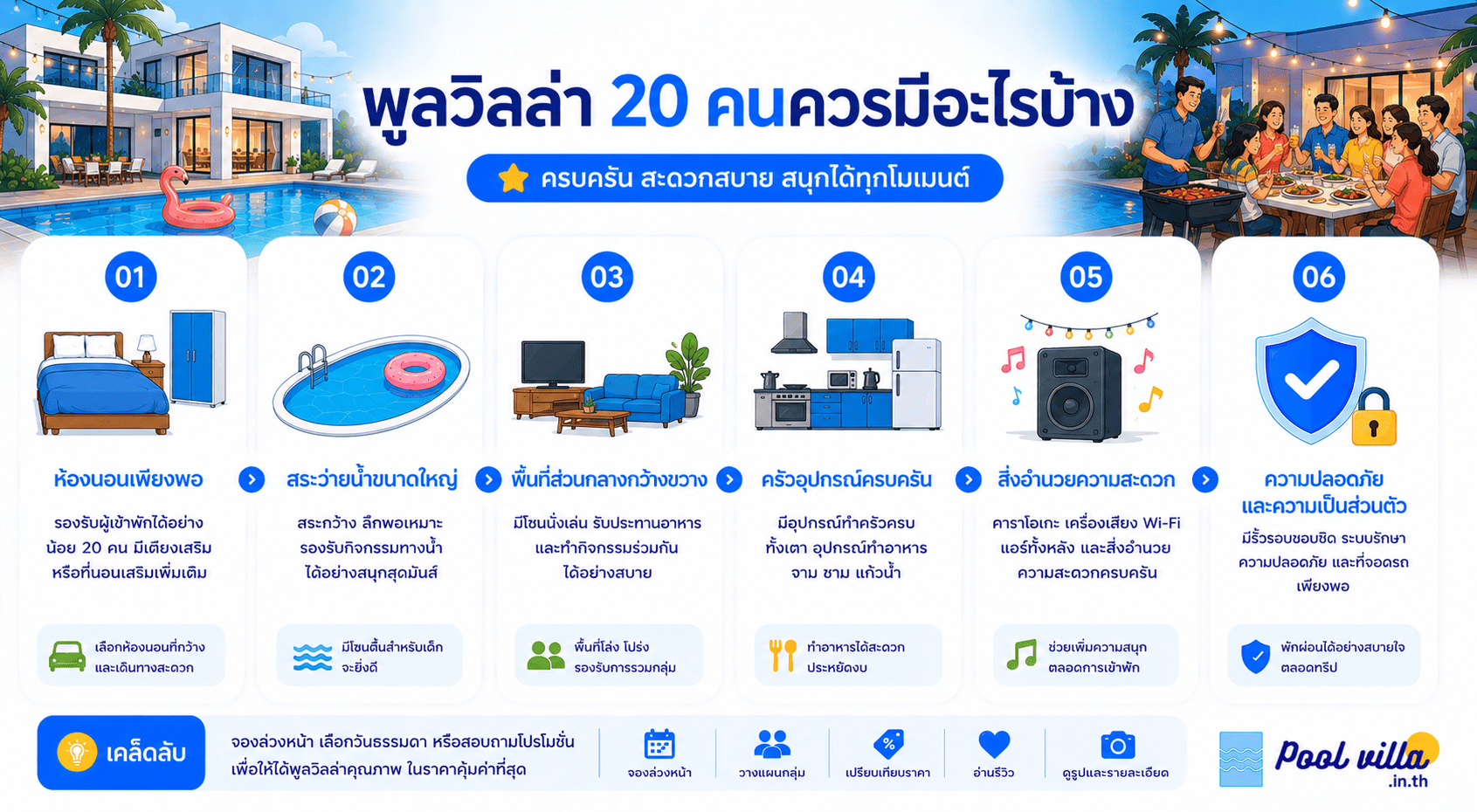 พูลวิลล่า 20 คน ต้องมีอะไรบ้างถึงจะพักสบาย