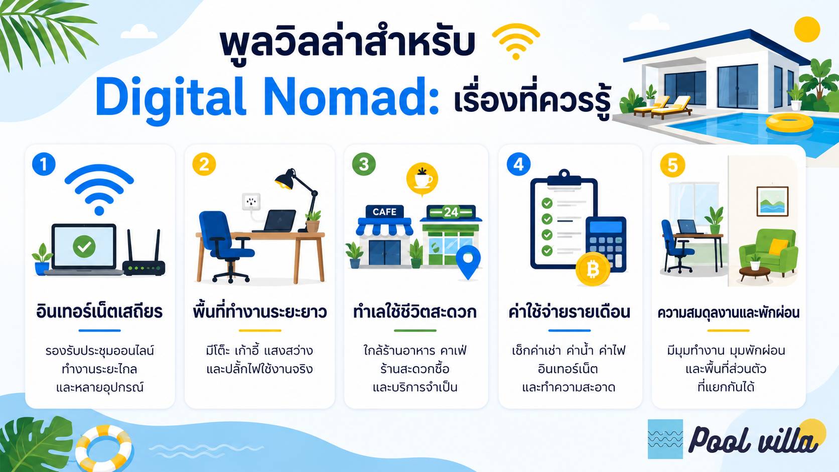 พูลวิลล่าสำหรับ Digital Nomad เรื่องที่ควรรู้ / วิลล่าในไทยสำหรับคนทำงานออนไลน์ระยะไกล