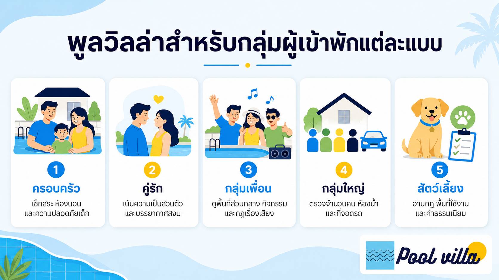 พูลวิลล่าสำหรับกลุ่มผู้เข้าพักแต่ละแบบ / พูลวิลล่าสำหรับผู้เข้าพักแต่ละกลุ่ม