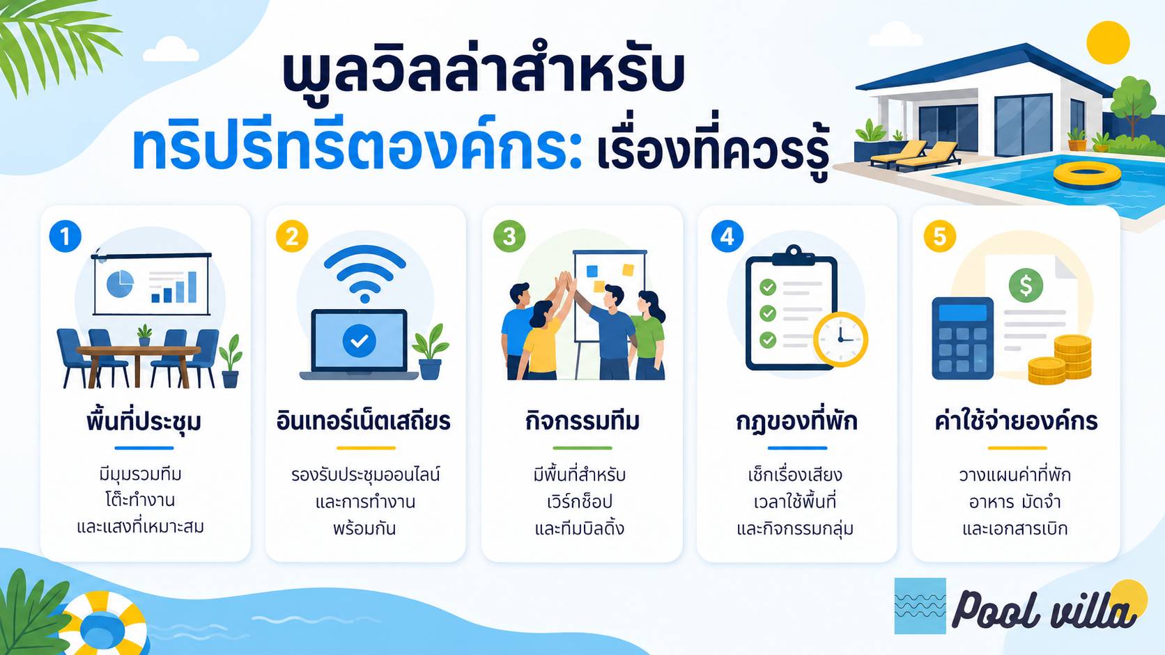 พูลวิลล่าสำหรับทริปรีทรีตองค์กร เรื่องที่ควรรู้ / พูลวิลล่าสำหรับทริปทีม