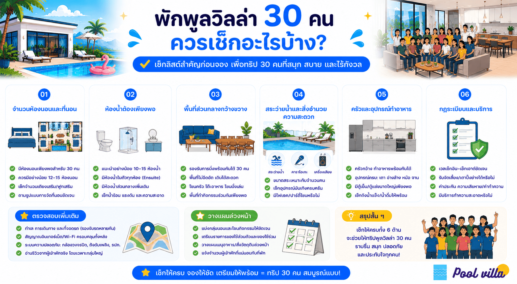 รายการตรวจสอบพูลวิลล่า 30 คน ก่อนจองให้มั่นใจครบทุกจุด