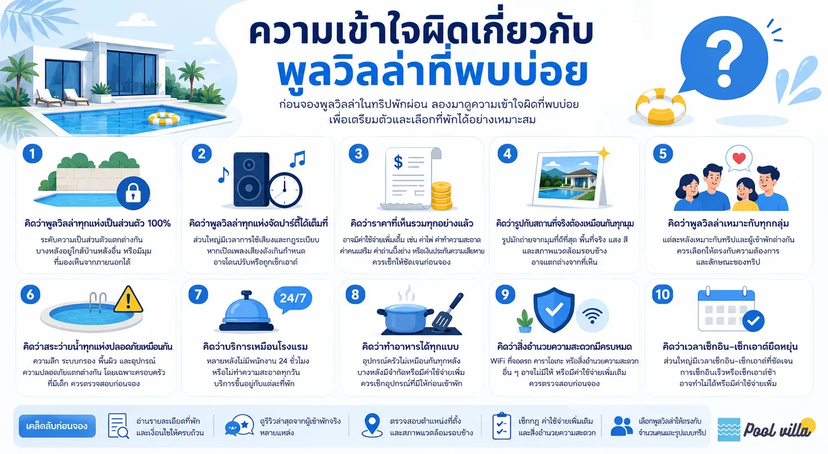 อินโฟกราฟิกสรุปประสบการณ์เข้าพักพูลวิลล่า ตั้งแต่การเลือกที่พัก สิ่งอำนวยความสะดวก ความเป็นส่วนตัว กฎการเข้าพัก ไปจนถึงการวางแผนทริป เพื่อช่วยให้การพักพูลวิลล่าสะดวก คุ้มค่า และตรงกับรูปแบบการเดินทางมากที่สุด