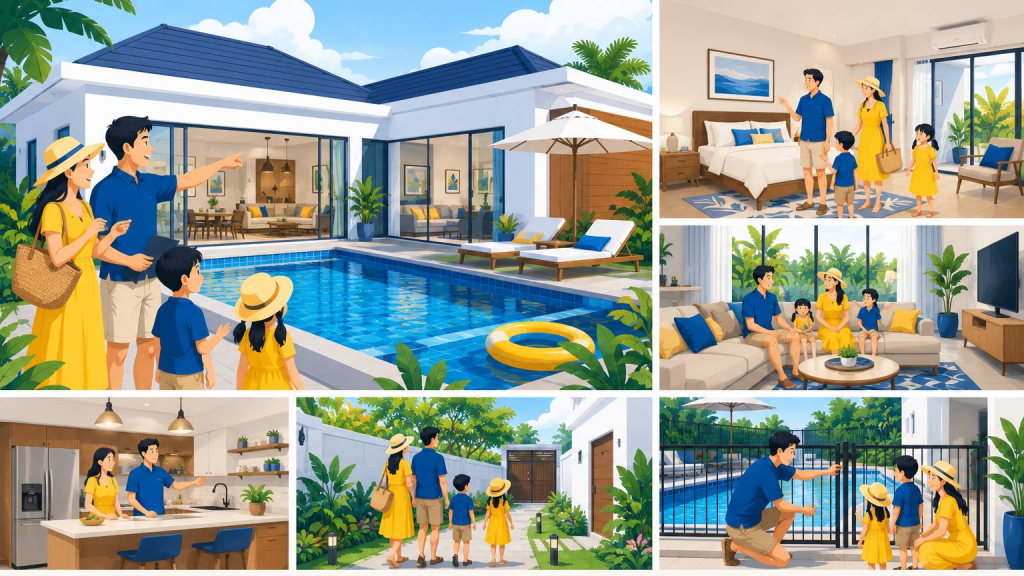 เลือกพูลวิลล่าสำหรับครอบครัวโดยตรวจสอบสระ ห้องนอน พื้นที่ส่วนกลาง และความปลอดภัย