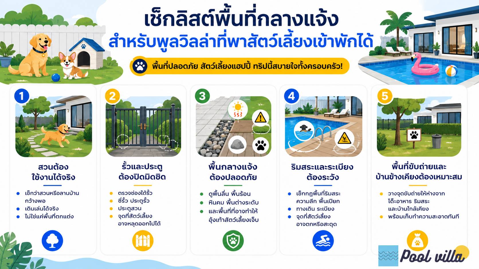 เช็กลิสต์พื้นที่กลางแจ้งสำหรับพูลวิลล่าที่พาสัตว์เลี้ยงเข้าพักได้ / พื้นที่กลางแจ้งพูลวิลล่าสำหรับสัตว์เลี้ยง