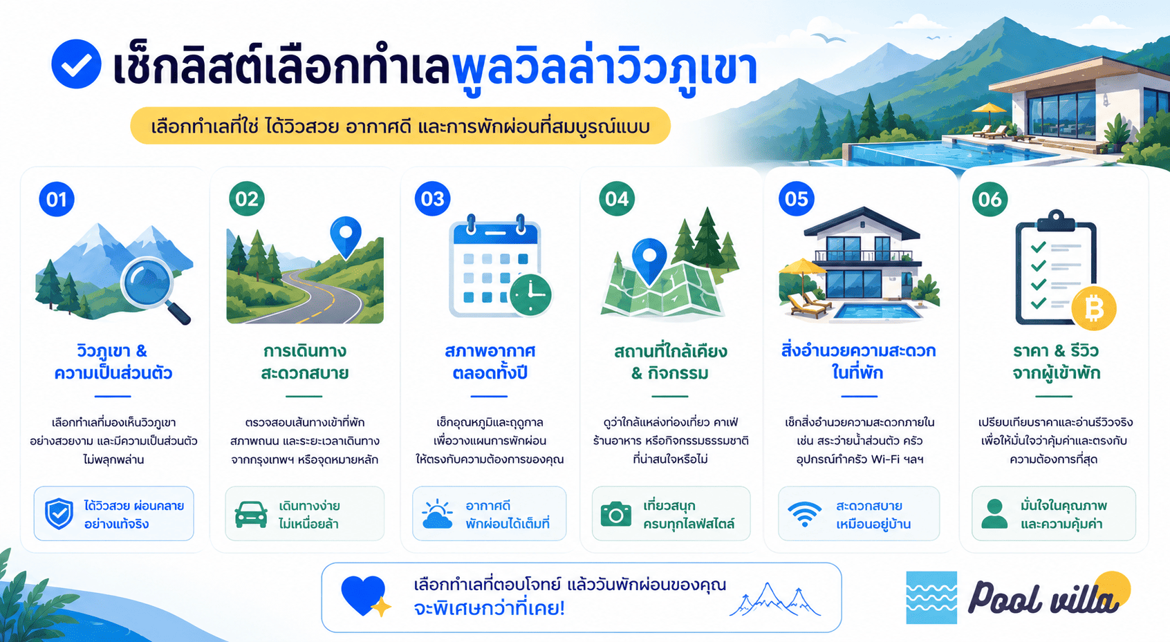 รายการตรวจสอบทำเลพูลวิลล่าบนภูเขา แบบมืออาชีพเลือกไม่ให้พลาด