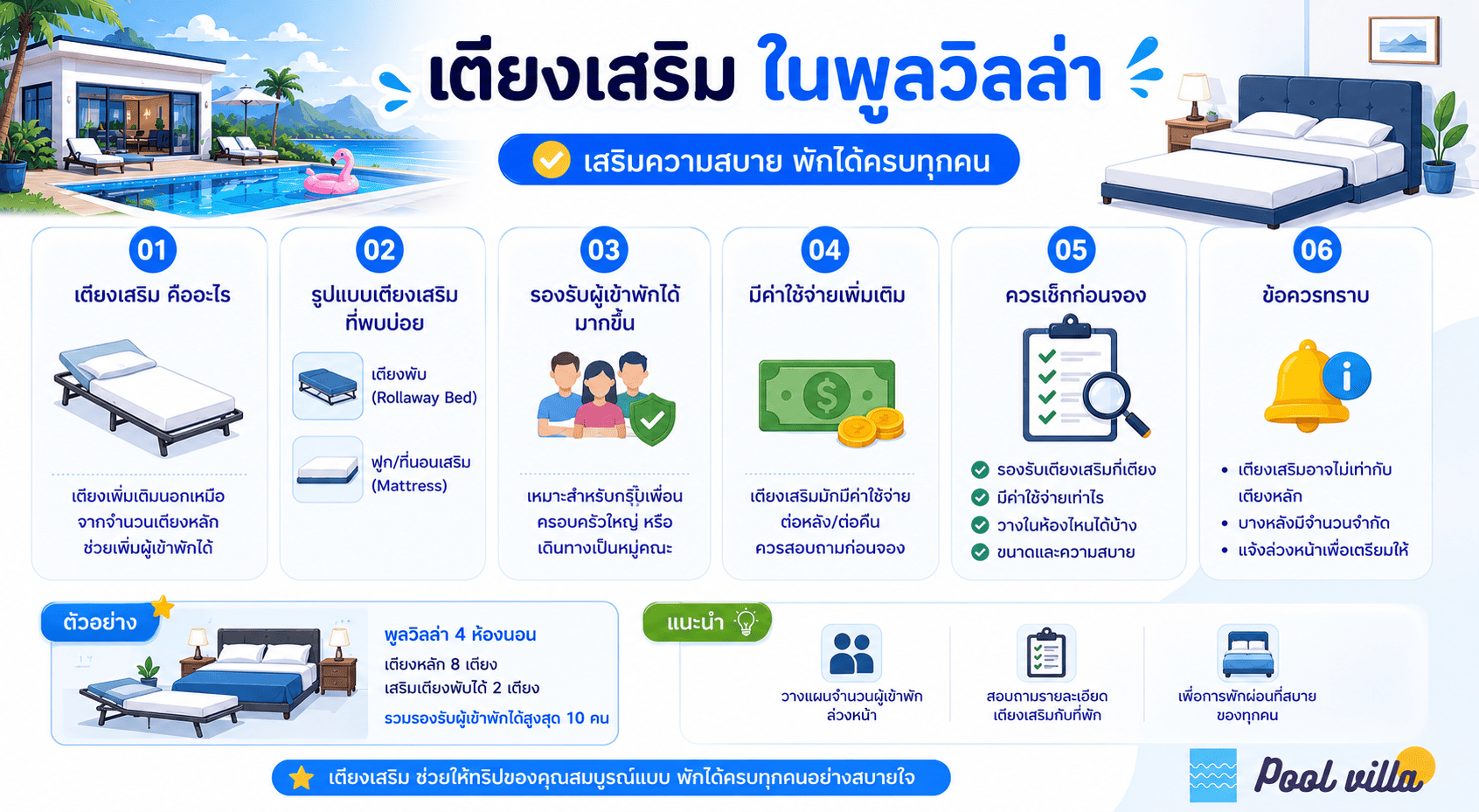 เตียงเสริมในพูลวิลล่า ใช้อย่างไรให้คุ้มและไม่กระทบความสบาย