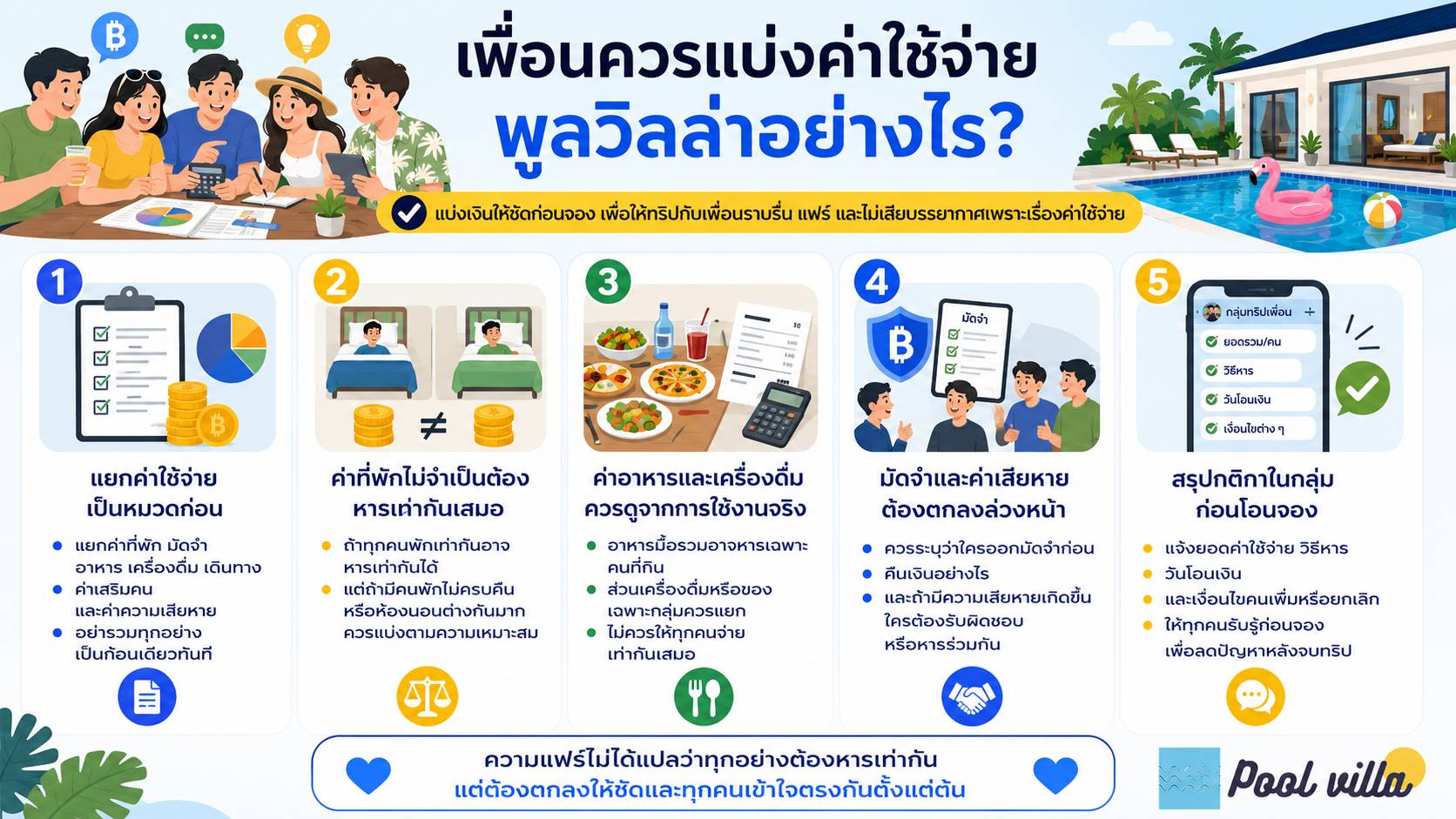 เพื่อนควรแบ่งค่าใช้จ่ายพูลวิลล่าอย่างไร / แบ่งค่าใช้จ่ายพูลวิลล่ากับเพื่อนอย่างไร