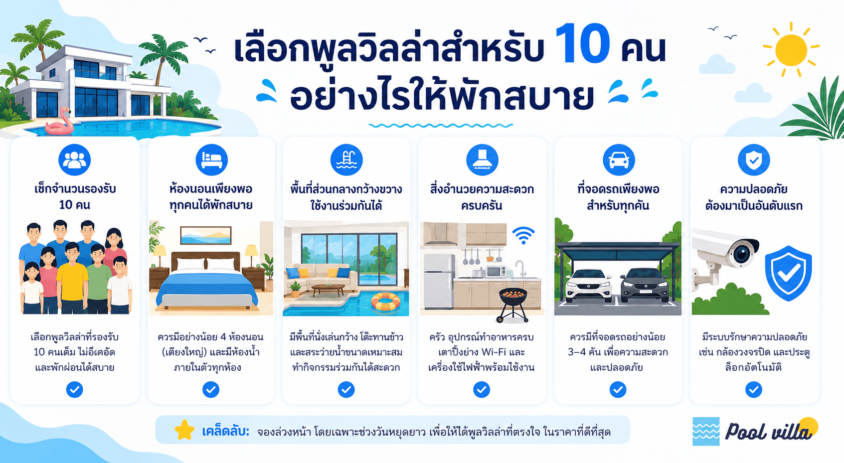 พูลวิลล่า 10 คน เลือกแบบไหนดีให้พักสบายทั้งแก๊ง